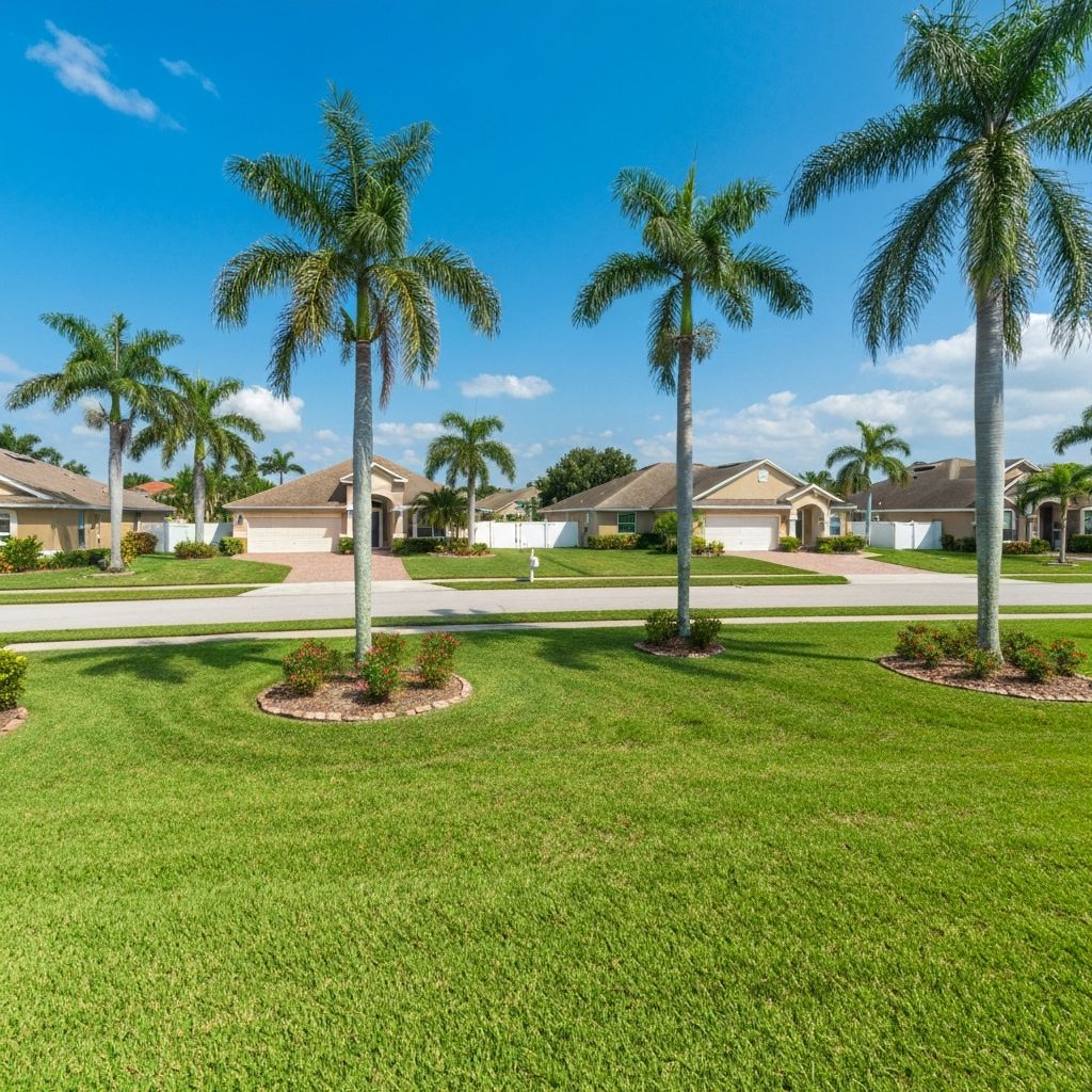 Beautiful scenic view of Bloomingdale, Florida residential neighborhood with palm trees and blue skies